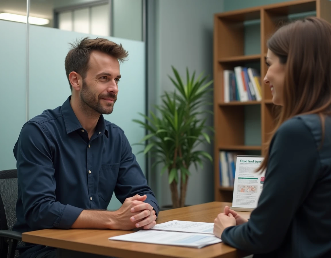 Travailleur social écoutant une femme dans un bureau d'accompagnement pour violences familiales
