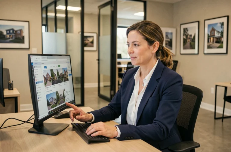 Agent immobilière professionnelle consultant des annonces de propriétés sur ordinateur dans une agence moderne
