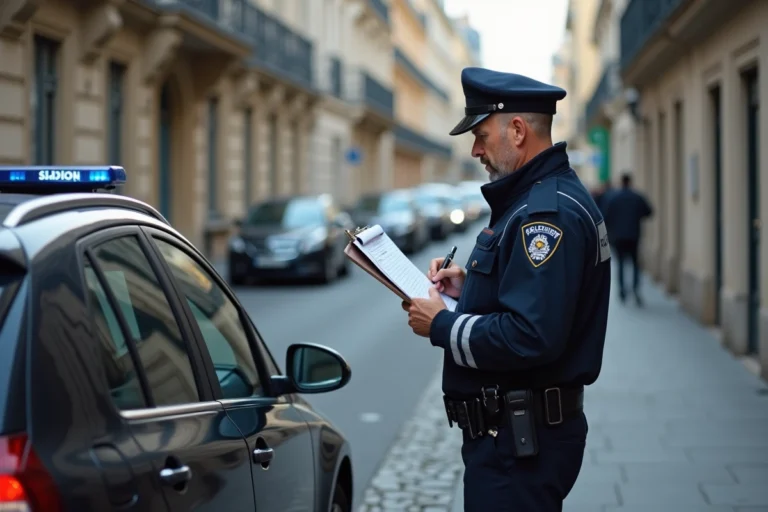 Agent de police municipale rédigeant un procès-verbal blanc sur un formulaire officiel, dans une rue parisienne pavée avec des immeubles haussmanniens en arrière-plan