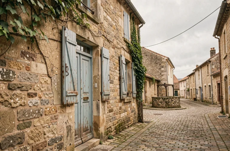 Facade en pierre d'une ancienne ferme villageoise française avec volets en fer et porte en bois bleu délavé sur rue pavée