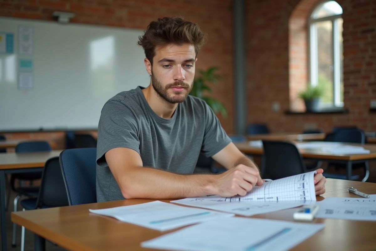 Jeune animateur BAFA consultant une grille de rémunération salariale dans une salle de réunion associative