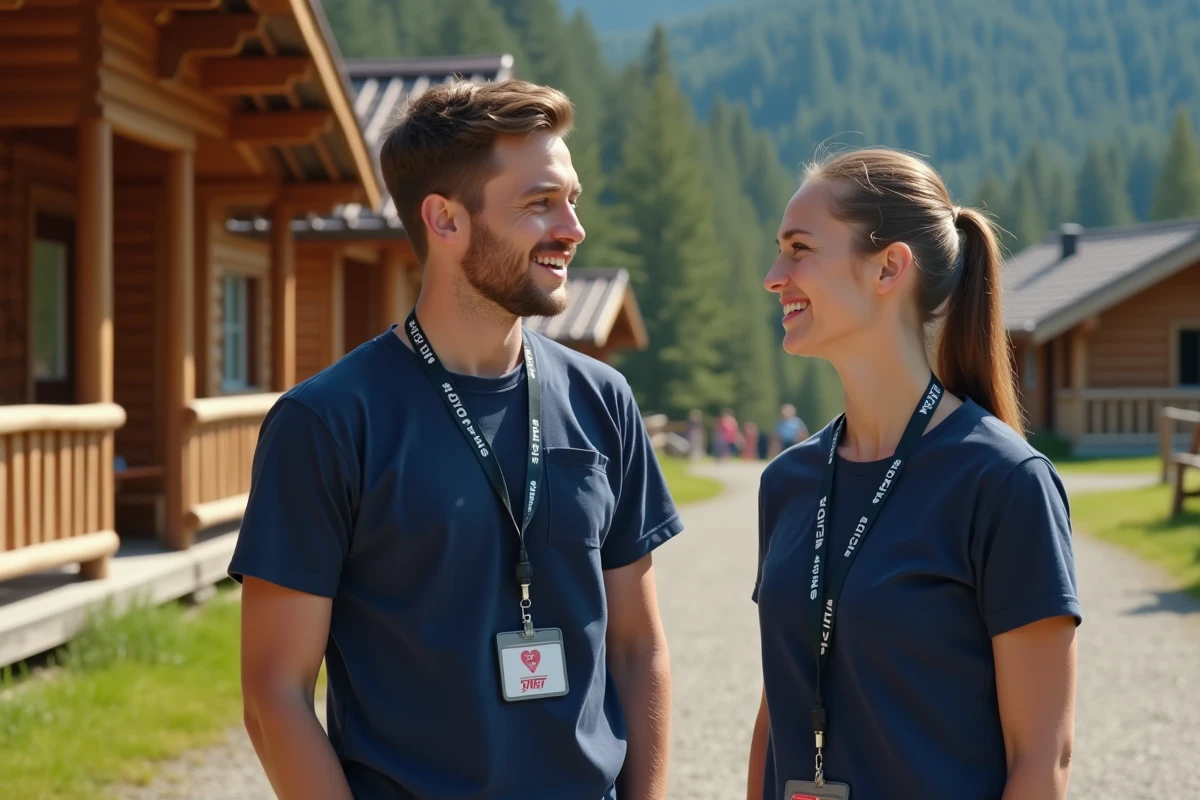 Deux animateurs BAFA en t-shirt de staff discutant devant un chalet lors d'un séjour de vacances en montagne
