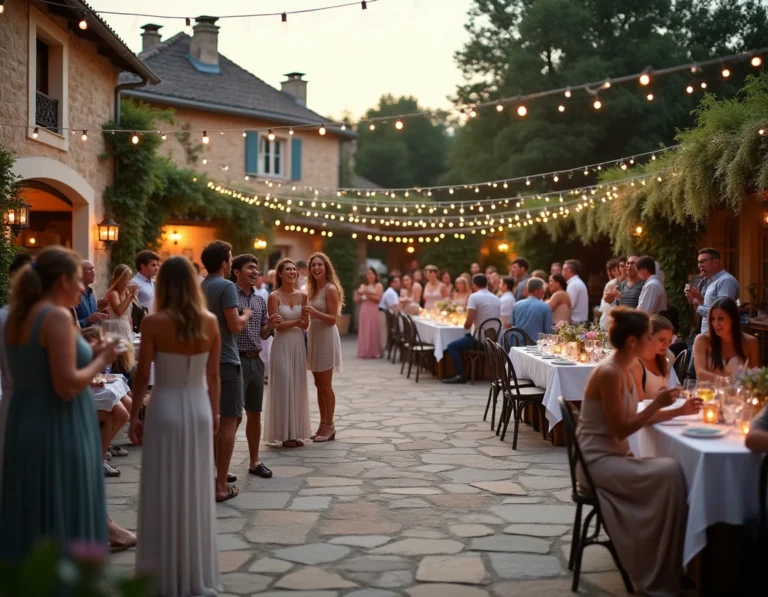 Vue d'ensemble d'une réception de mariage animée en extérieur avec des invités participant à diverses activités festives