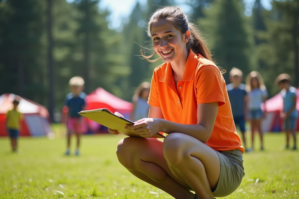 Animatrice BAFA en polo orange encadrant des enfants lors d'une activité de plein air en colonie de vacances