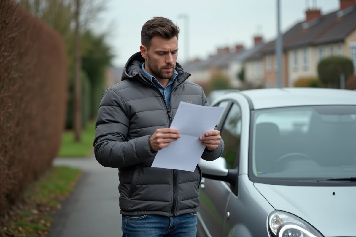 Automobiliste français lisant attentivement un procès-verbal blanc reçu sur son véhicule garé en bord de route dans un quartier résidentiel