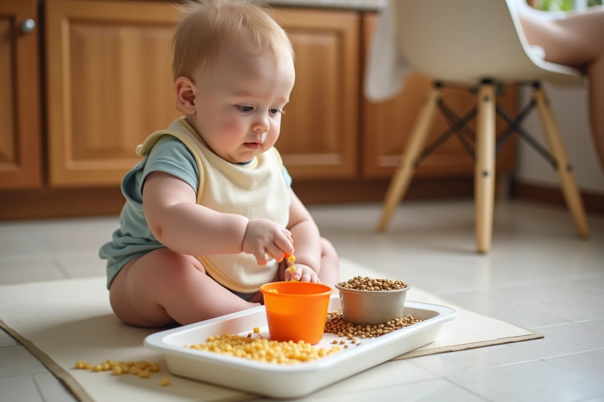 Bébé de 8 mois assis devant un bac de transvasement rempli de graines et de lentilles, explorant avec une tasse en silicone colorée