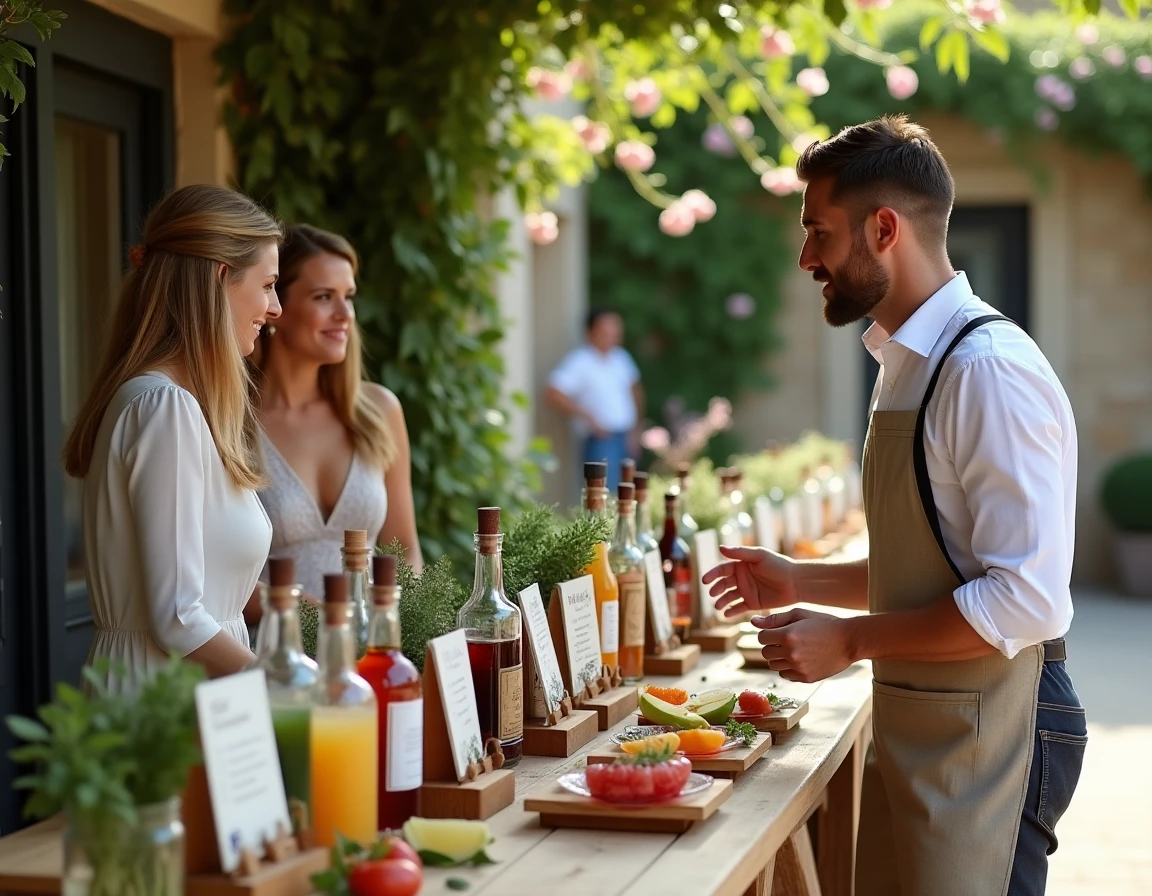 Bar à cocktails DIY avec recettes personnalisées lors d'un mariage en extérieur