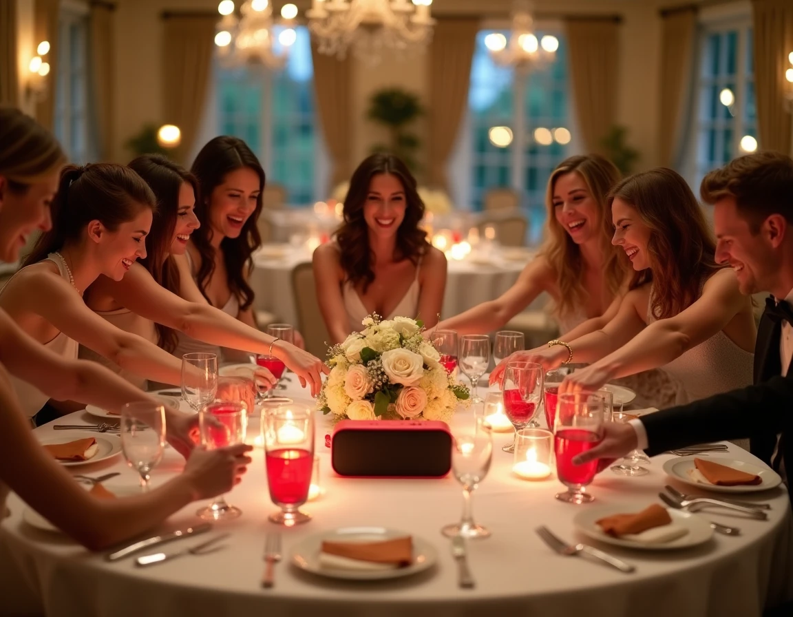 Invités jouant à un blind test musical par tables avec des buzzers lors d'un mariage