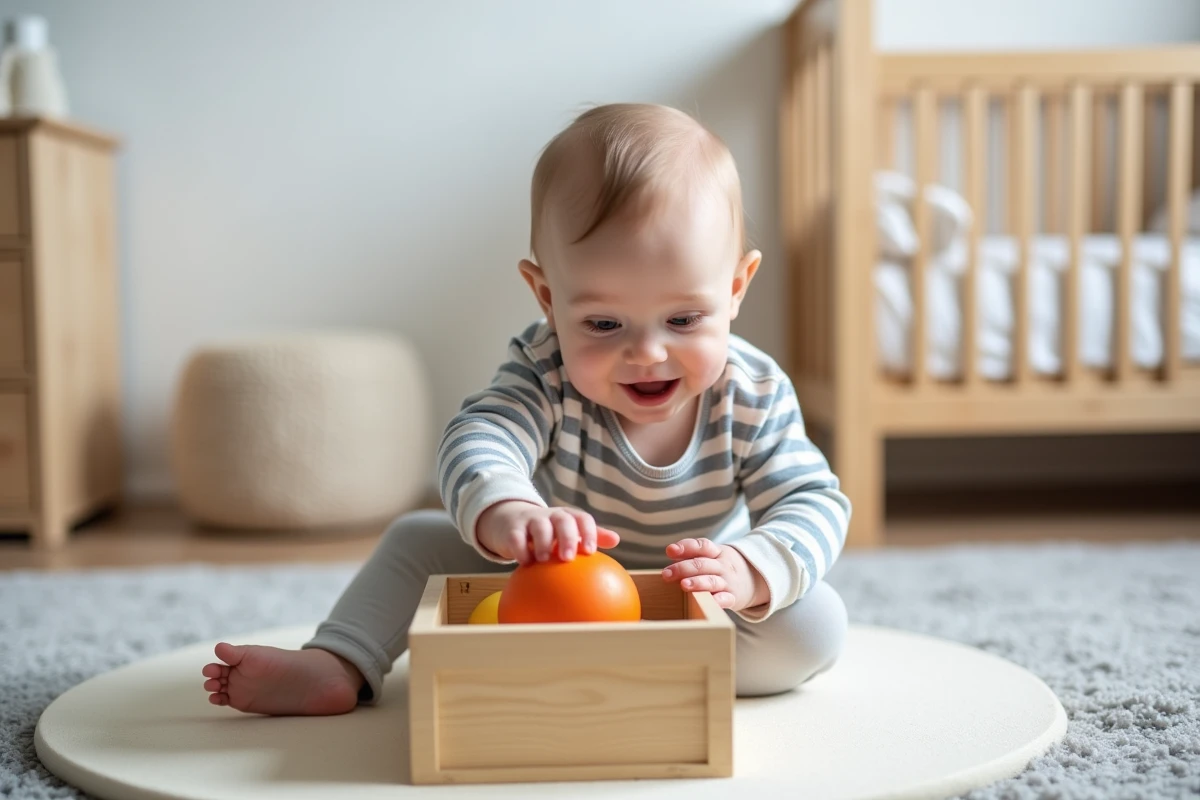 Bébé de 8 mois assis qui plonge la main dans une boîte en bois pour retrouver une balle cachée, jeu de permanence de l'objet