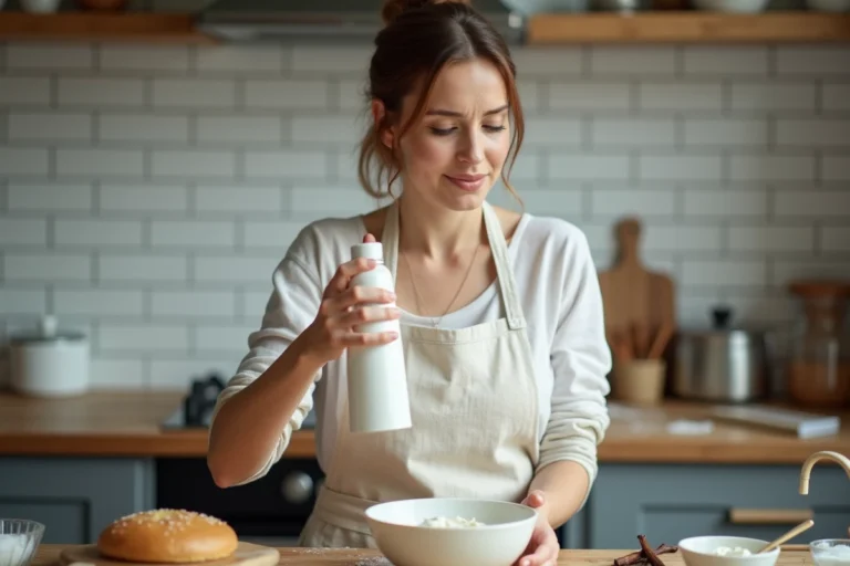 Femme tenant une bombe de chantilly bloquée au-dessus d'un bol en céramique dans une cuisine moderne