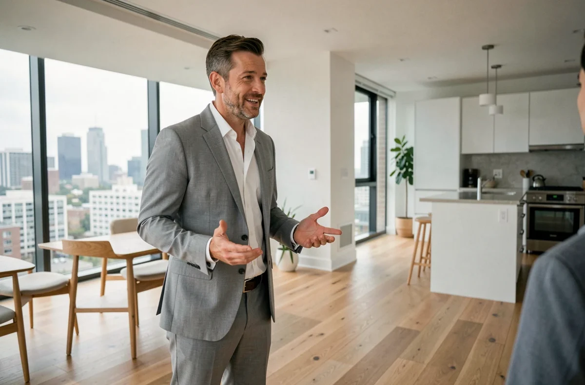 Conseiller immobilier présentant un appartement moderne lors d'une visite avec vue sur la ville