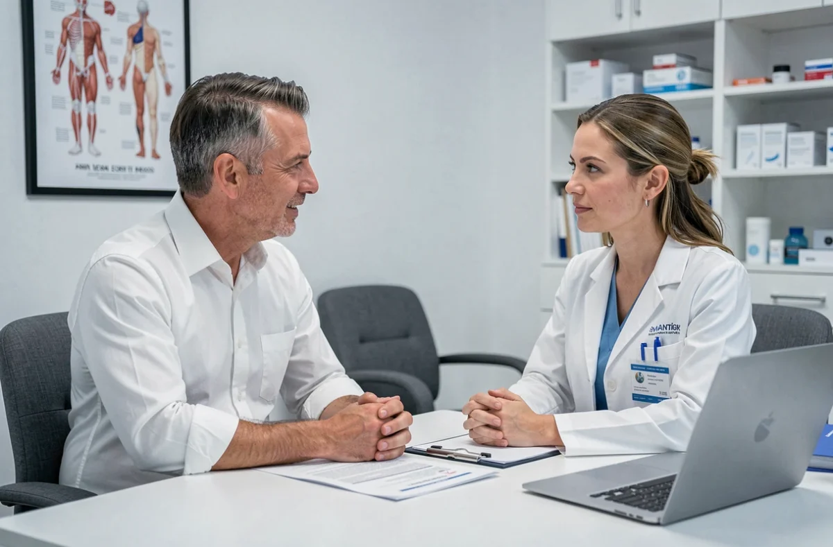Patient en consultation médicale avec un médecin dans un cabinet clinique moderne pour un bilan de santé