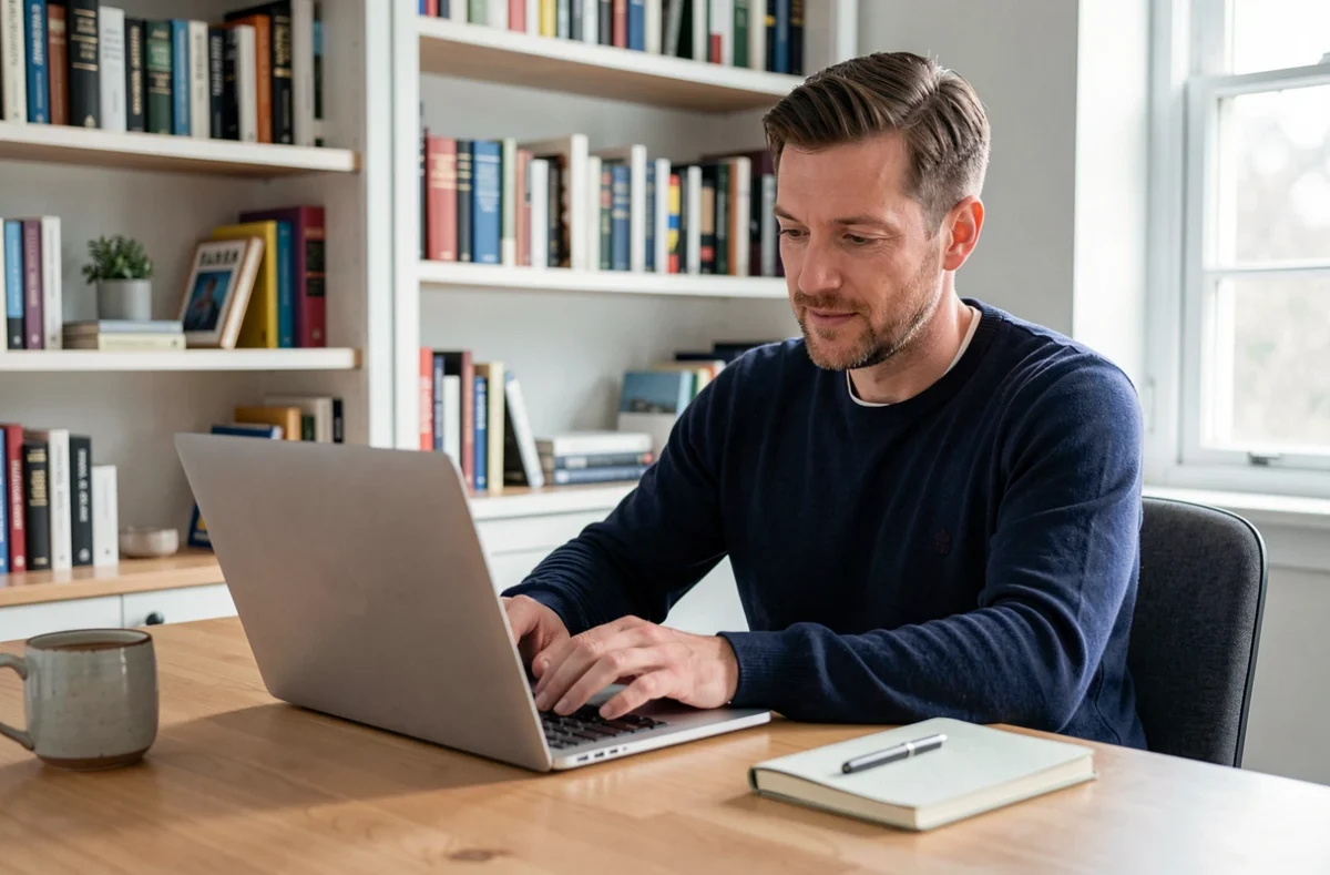 Homme consultant des ressources santé en ligne sur son ordinateur portable depuis son bureau à domicile