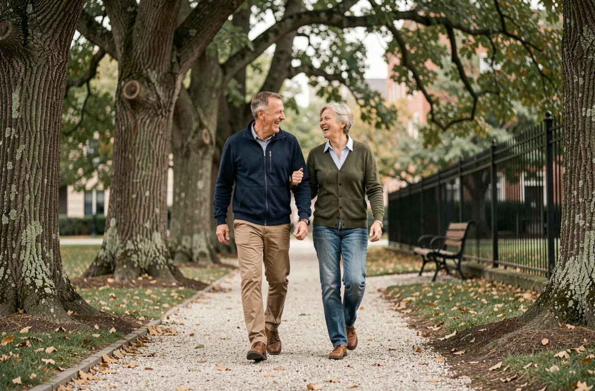 Couple de cinquantenaires marchant dans un parc urbain en adoptant de bonnes habitudes de santé au quotidien