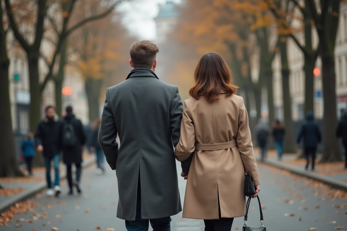Couple se promenant dans une rue parisienne en automne, symbolisant le respect de la vie privée et de l'intimité