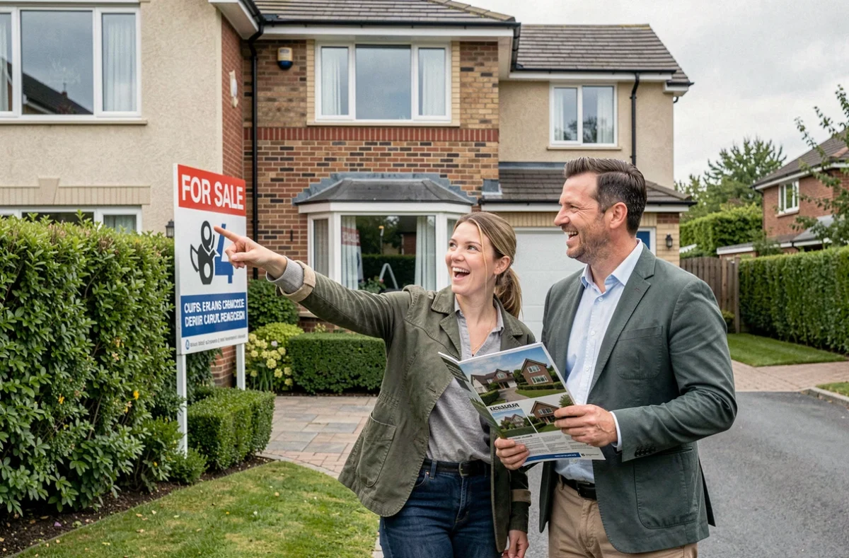 Couple visitant une propriété résidentielle à vendre avec brochure immobilière en main