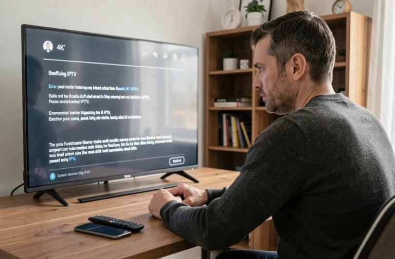 Homme troubleshootant une erreur de streaming sur IPTV Smarters Pro depuis son bureau à domicile