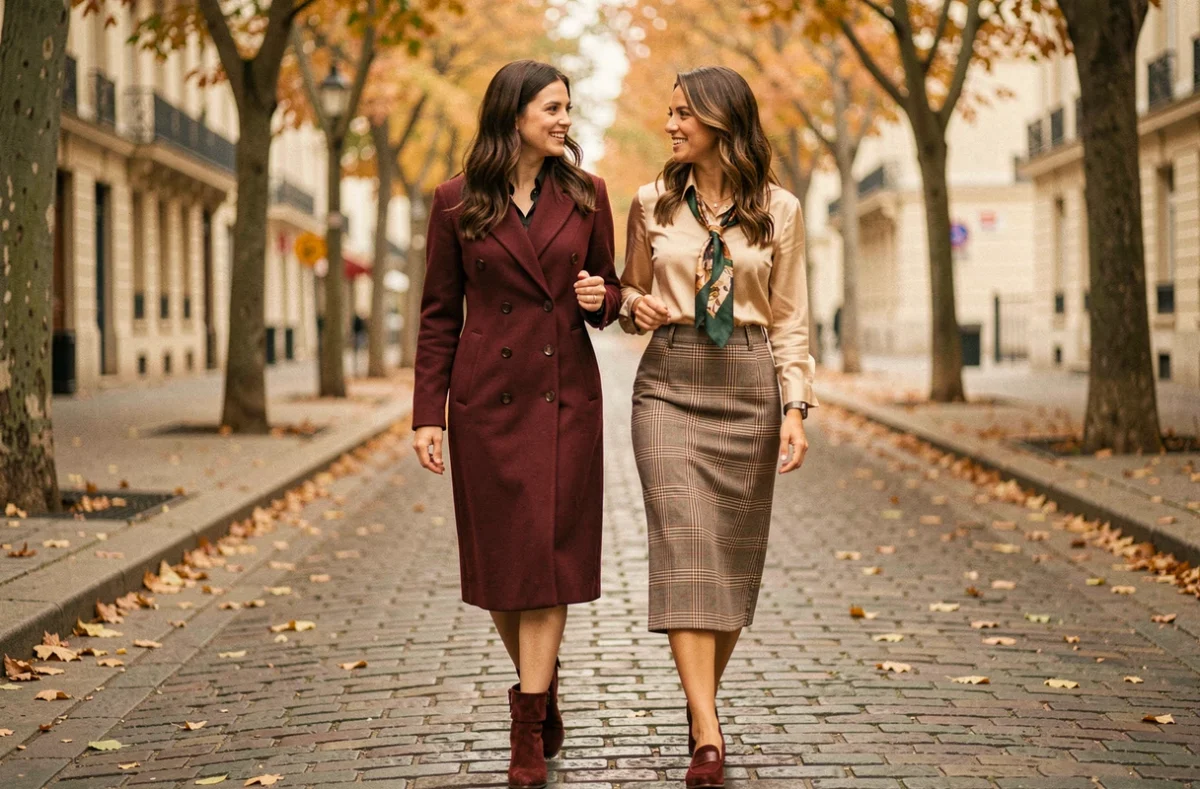 Deux femmes élégamment vêtues aux tendances automnales se promenant sur une rue pavée parisienne, looks mode saison DLG Fashion