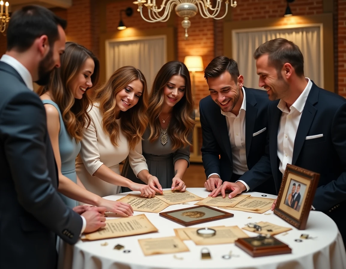 Invités de mariage jouant à un escape game sur mesure autour de l'histoire des mariés