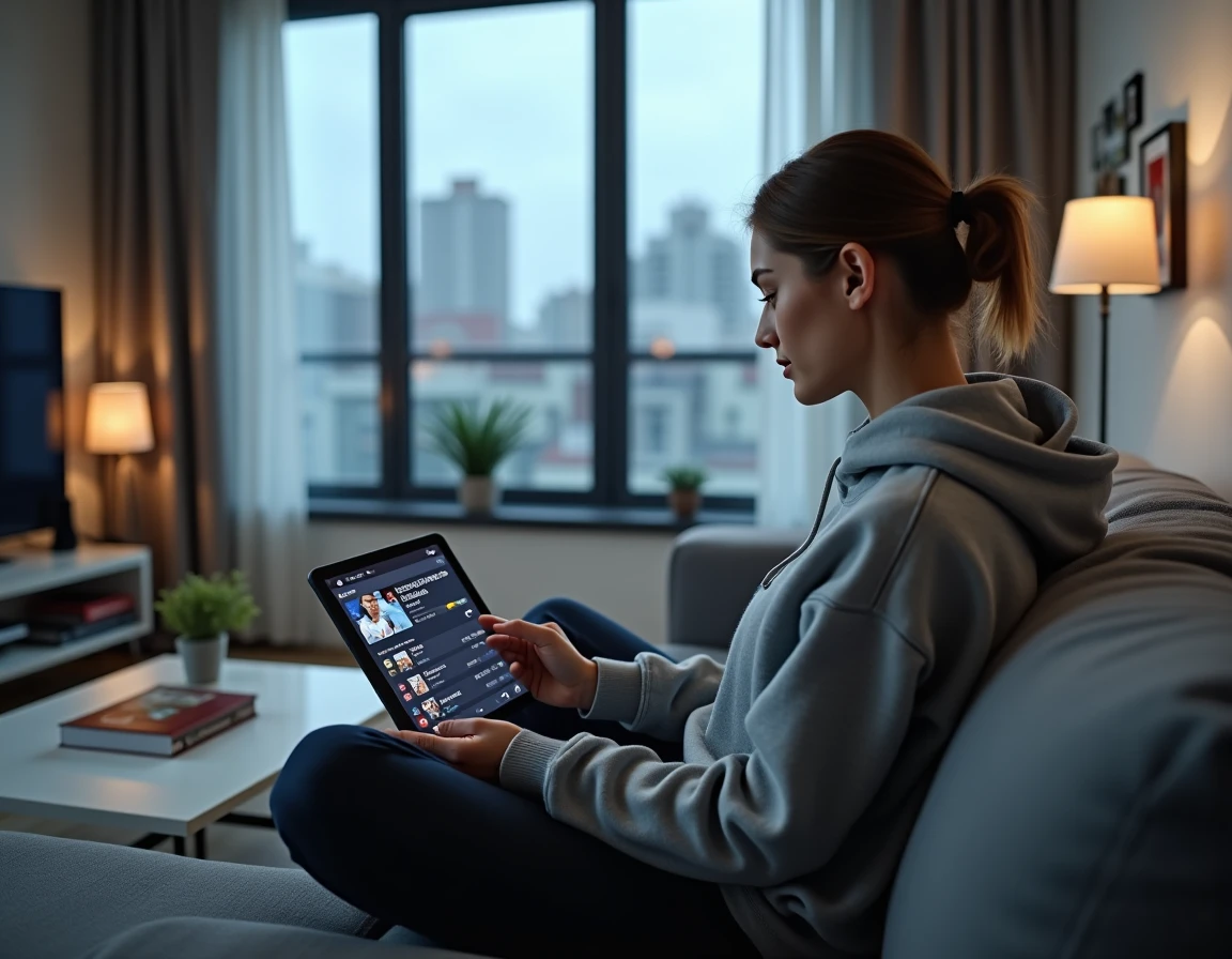 Femme suivant l'actualité sportive en temps réel sur une tablette dans un appartement moderne