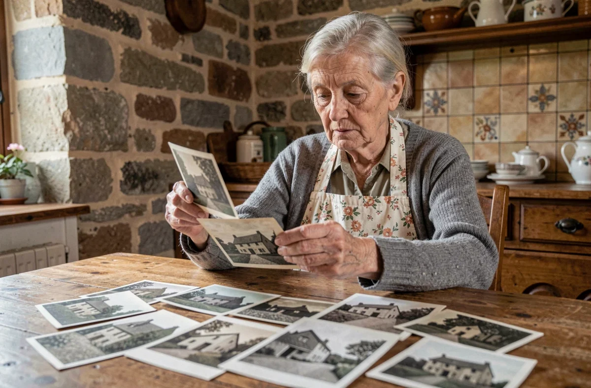Femme âgée examinant d'anciennes photographies de maisons villageoises posées sur une table en chêne dans une cuisine rustique en pierre