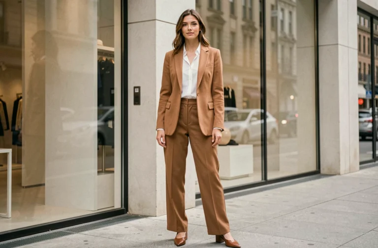 Femme élégante portant un blazer camel structuré et un pantalon large devant une boutique de mode minimaliste, tendances mode saison DLG Fashion