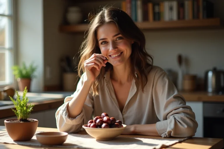 Femme souriante dégustant des dattes dans une cuisine chaleureuse