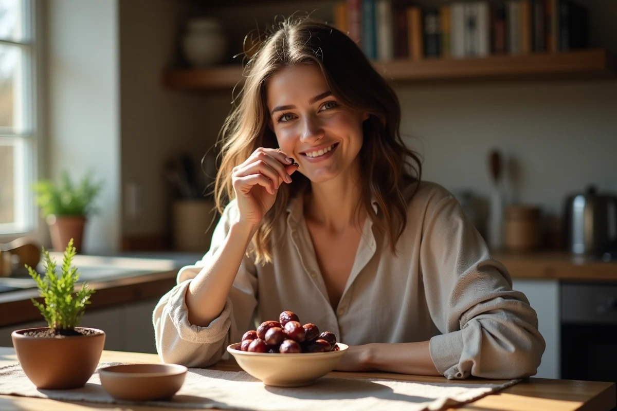 Femme souriante dégustant des dattes dans une cuisine chaleureuse