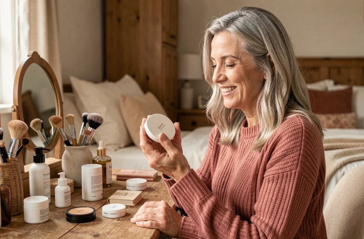 Femme mature devant sa coiffeuse avec produits de beauté et soins, tendances beauté lifestyle