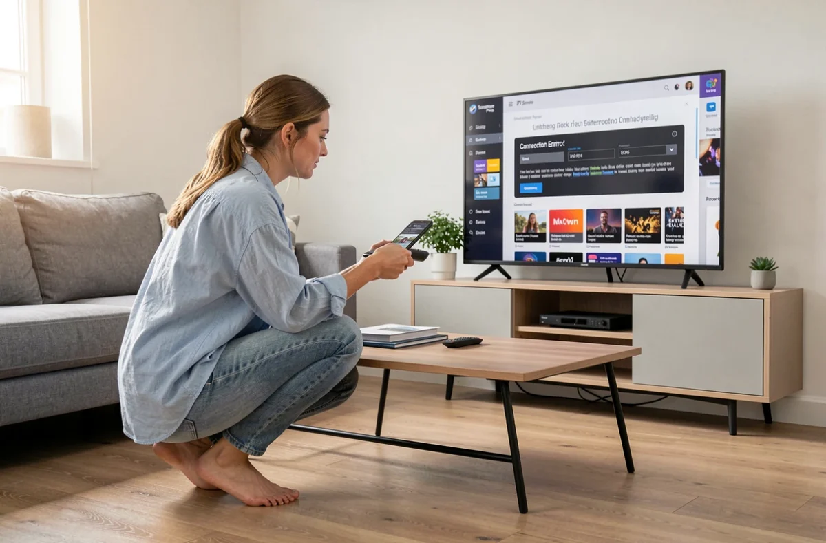 Femme vérifiant les paramètres de l'application IPTV Smarters Pro sur son téléphone face à une erreur TV