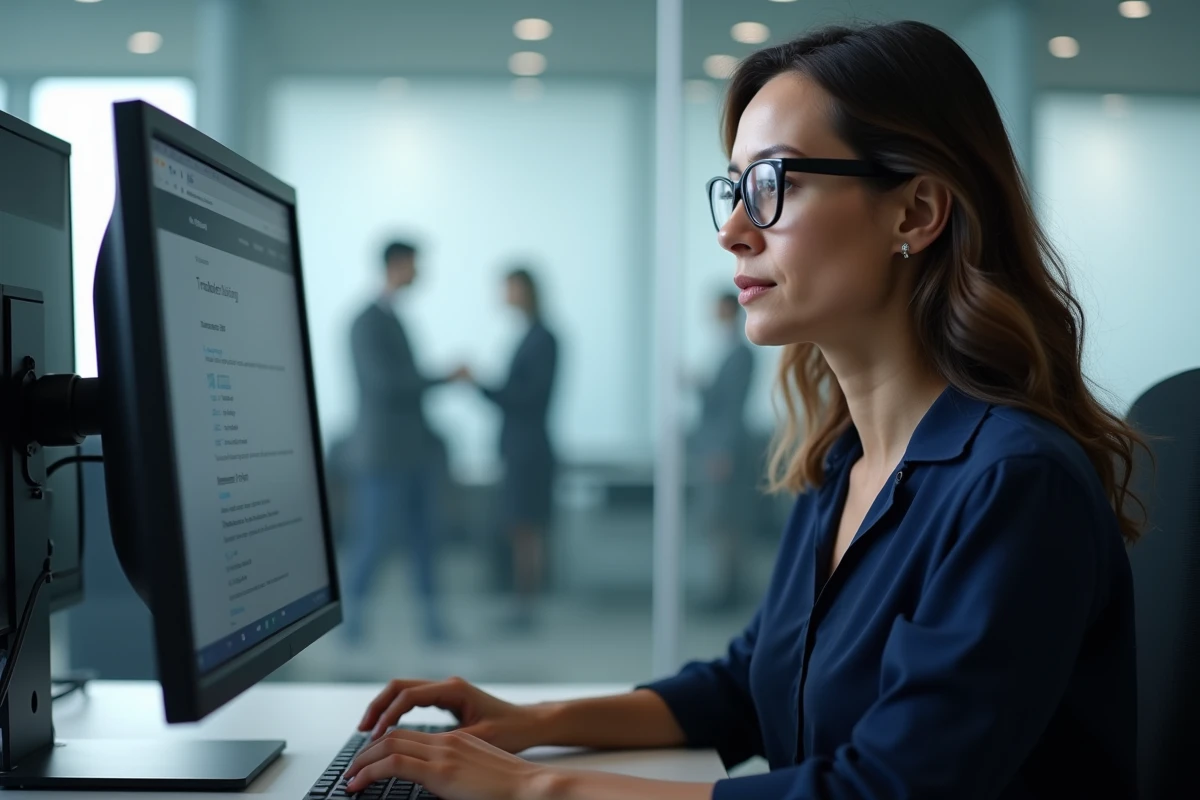 Femme en train de résoudre un problème informatique sur deux écrans dans un bureau professionnel moderne