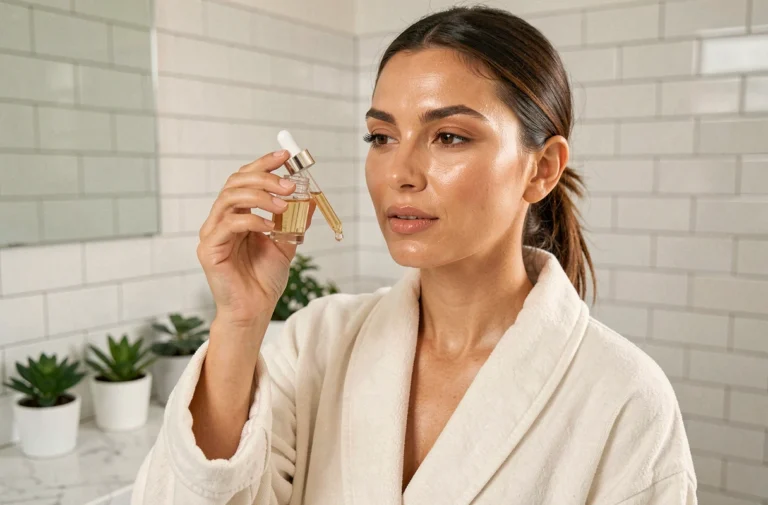 Femme appliquant un sérum visage dans une salle de bain minimaliste, tendances soins beauté quotidien