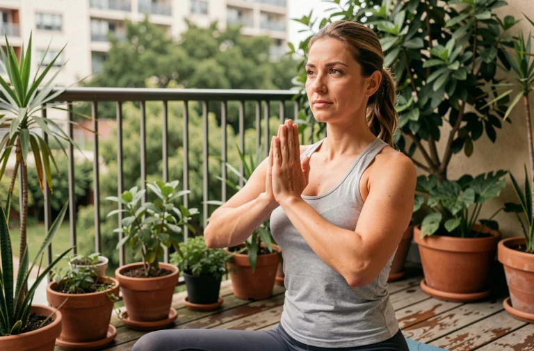 Femme pratiquant le yoga sur un balcon en bois entouré de plantes vertes pour préserver sa santé au quotidien