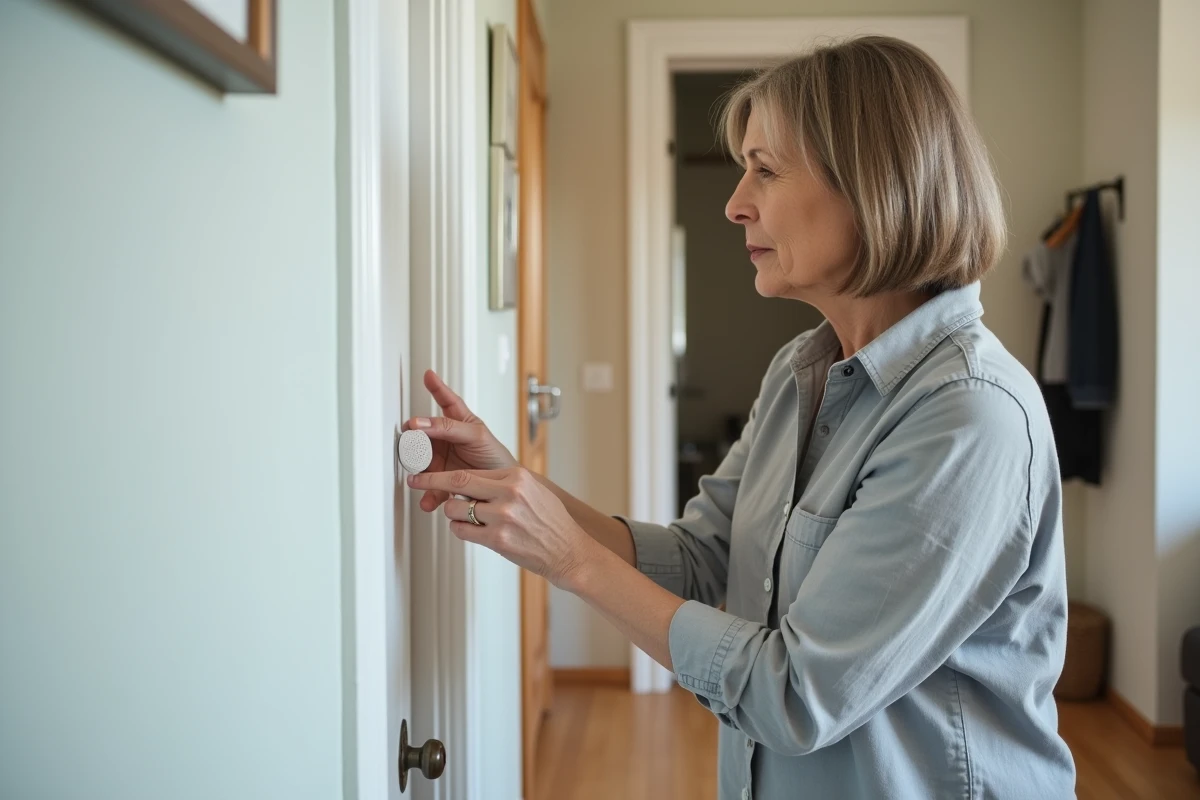 Femme fixant un crochet adhésif sur une porte creuse blanche dans un couloir d'appartement moderne