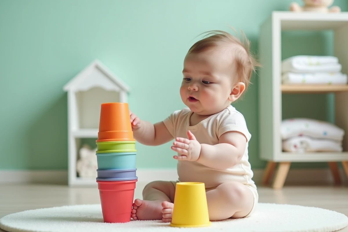 Bébé de 8 mois concentré en train d'empiler des gobelets gigognes colorés sur un tapis de jeu en mousse
