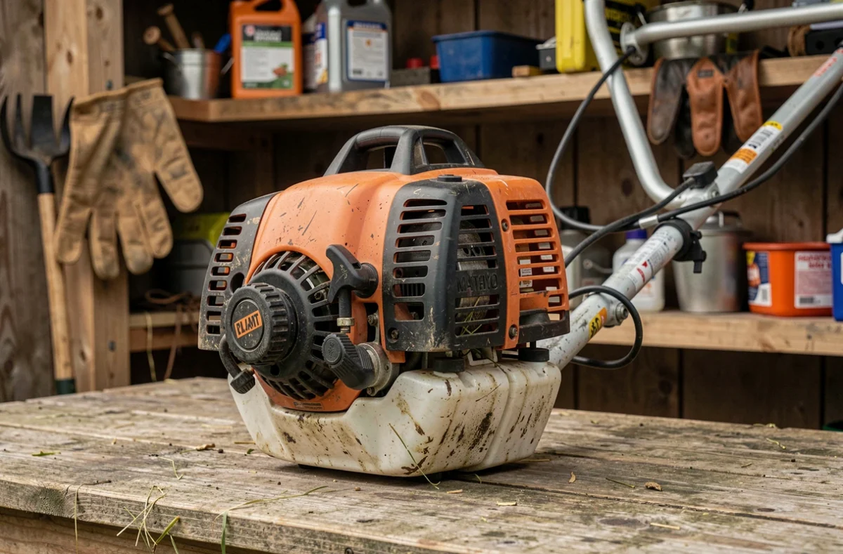 Gros plan sur le moteur thermique d'une débroussailleuse posée sur un établi en bois dans un atelier de jardin