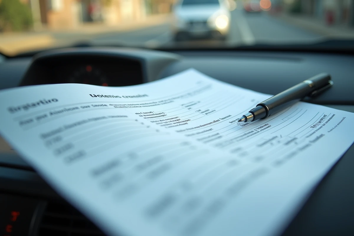 Gros plan sur un procès-verbal blanc officiel posé sur le tableau de bord d'une voiture, avec un stylo bille et les champs administratifs partiellement remplis