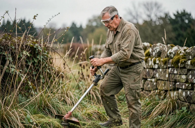 Homme utilisant une débroussailleuse thermique pour entretenir un jardin envahi par les herbes hautes