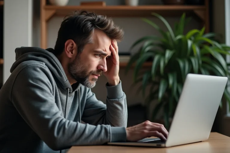 Homme frustré devant un écran d'erreur sur son ordinateur portable, cherchant une solution à un problème logiciel
