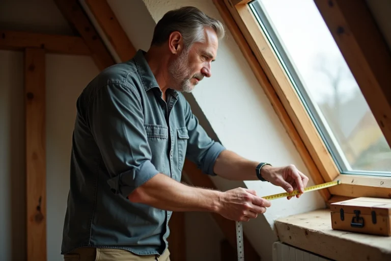 Homme mesurant un velux ancien dans un grenier