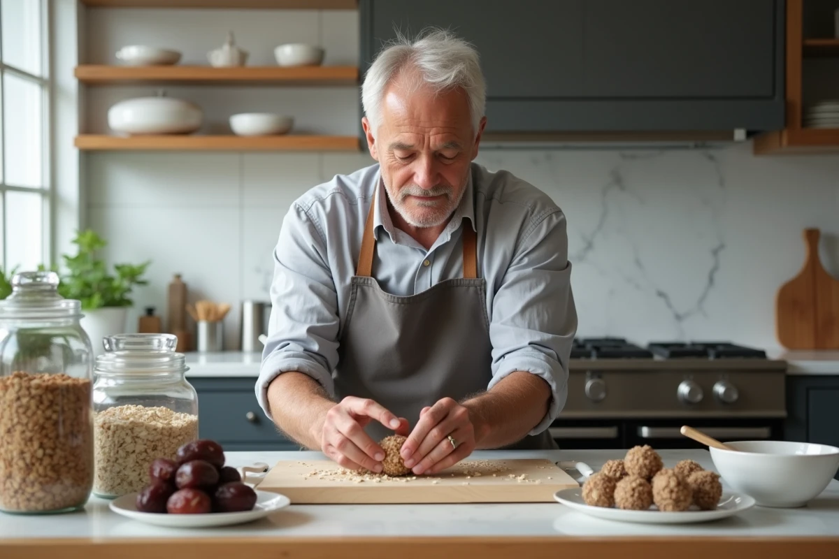 Homme âgé façonnant des boules d énergie aux dattes dans une cuisine moderne