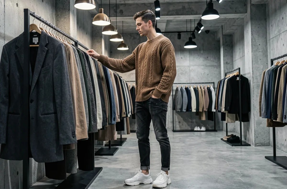 Homme en pull oversize en maille naviguant parmi des vêtements dans un showroom de mode moderne aux murs en béton, nouvelle collection DLG Fashion