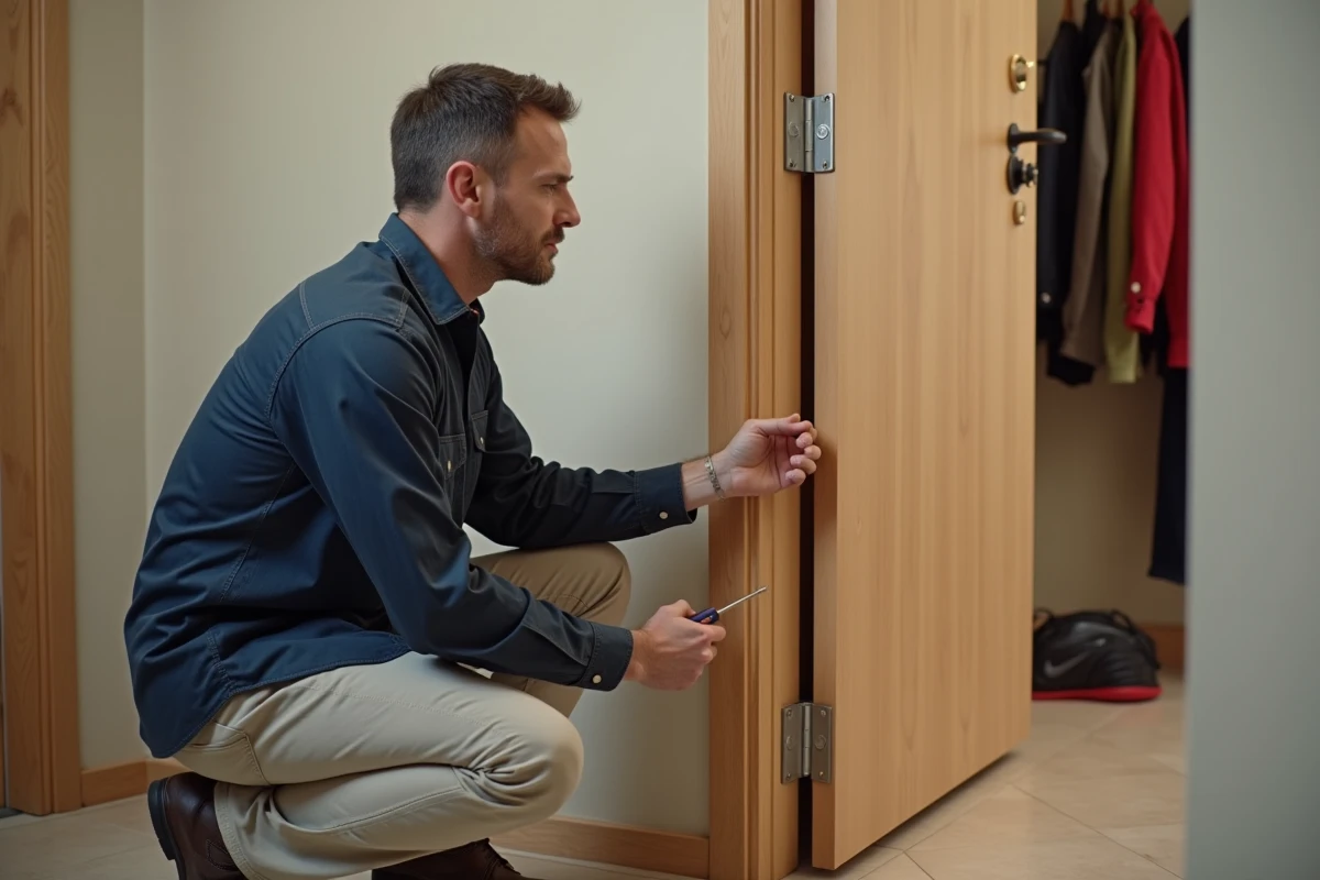 Homme installant un porte-manteau sur le dessus d'une porte creuse en bois dans une entrée de maison
