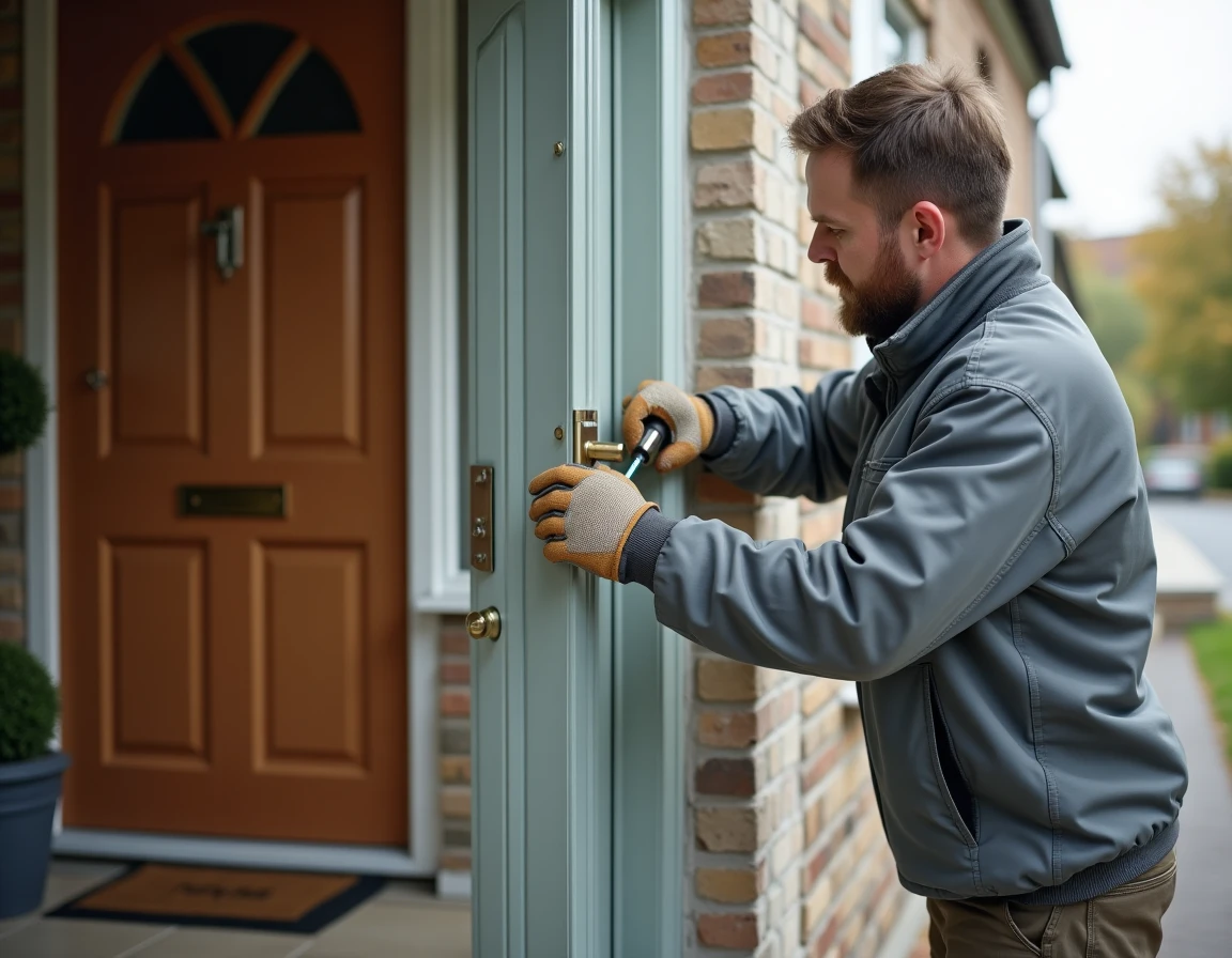 Homme installant un verrou de sécurité sur une porte d'entrée pour renforcer la protection du domicile