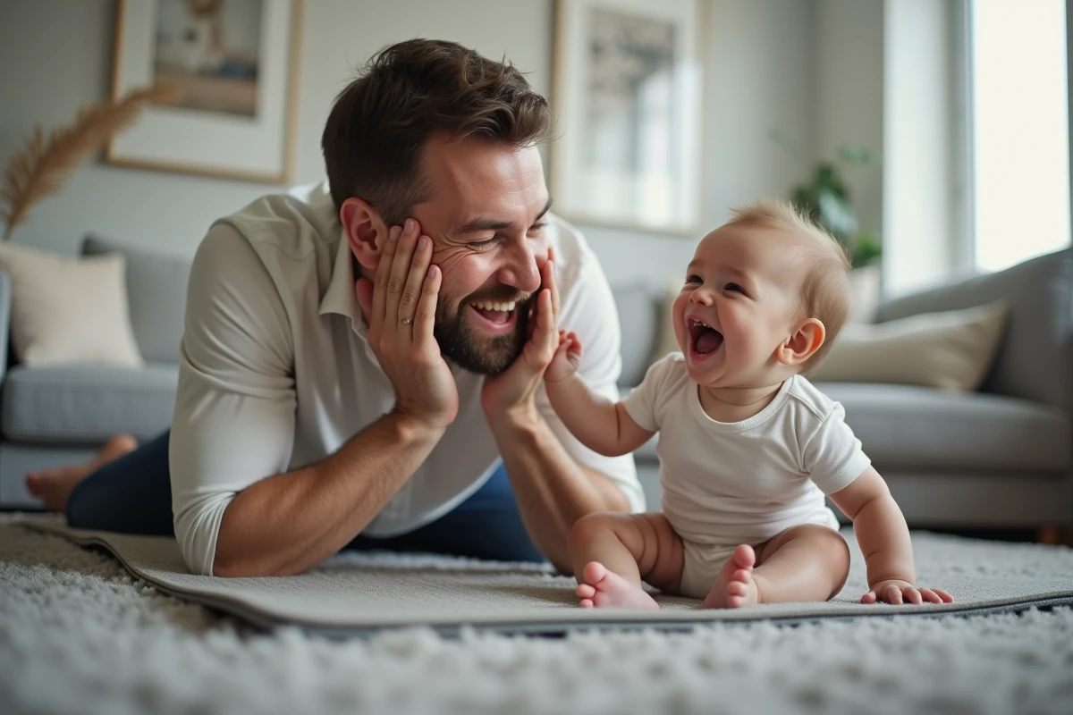 Papa qui joue à coucou-caché avec son bébé de 8 mois sur un tapis de sol, bébé en train de rire aux éclats