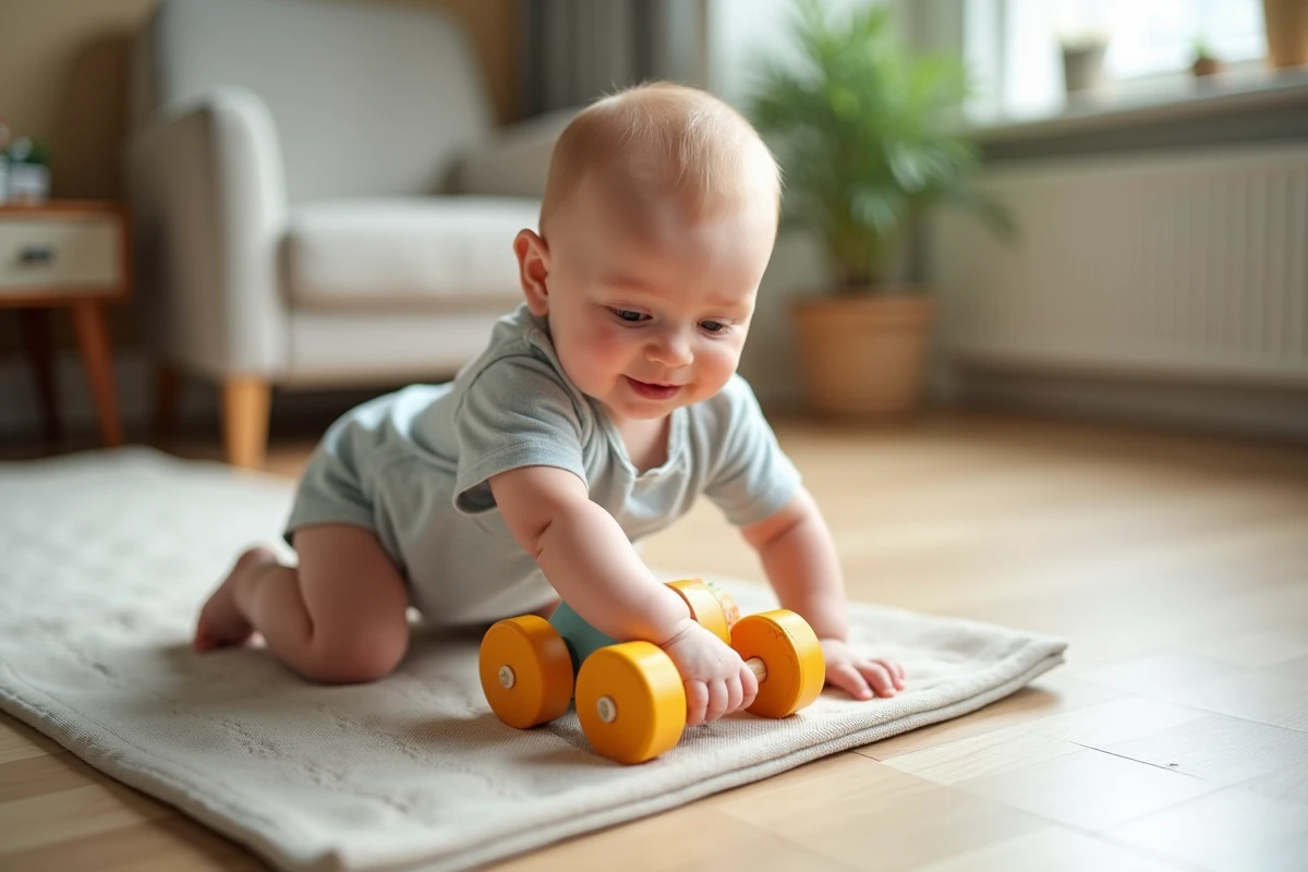 Bébé de 8 mois en train de pousser un jouet roulant en bois coloré sur le sol d'un salon, jeu de tirer-pousser