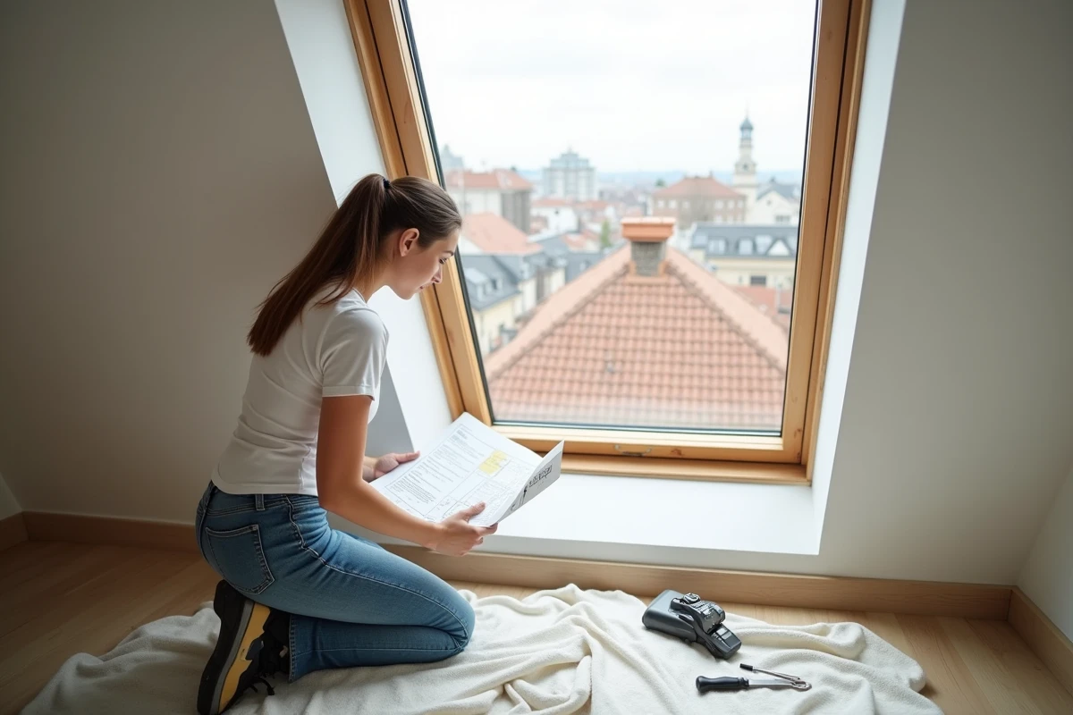Jeune femme posant une instruction de pose de fenetre