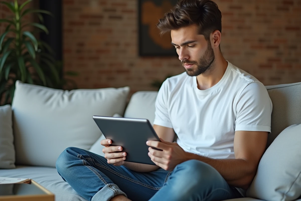 Jeune homme consultant un forum de solutions sur une tablette pour résoudre un problème d'application en 2024