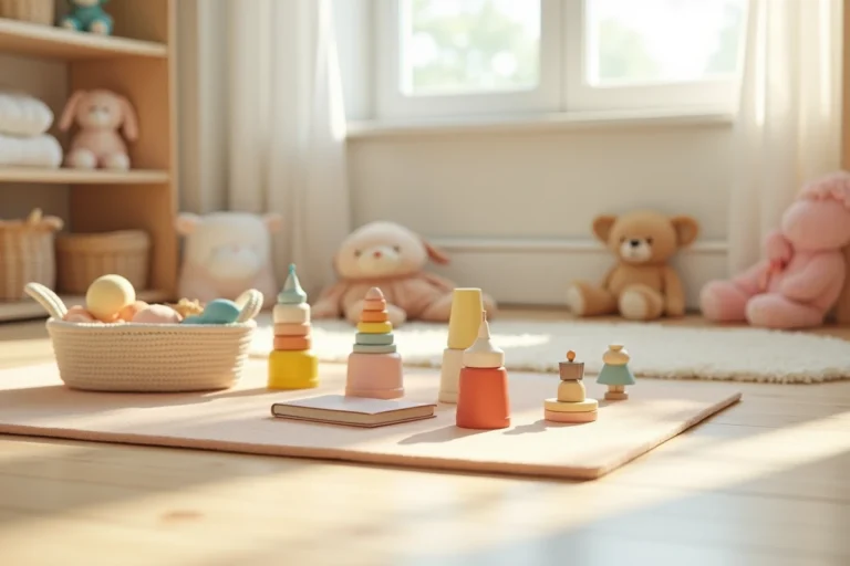 Coin de jeu douillet pour bébé de 8 mois avec tapis de sol, jouets sensoriels, miroir et livres cartonnés disposés sur un parquet clair