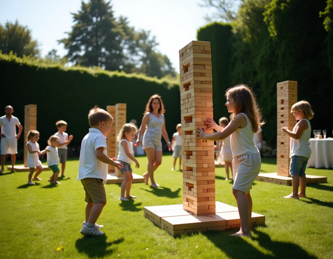 Jeux de société géants en extérieur avec des invités de mariage sur une pelouse ensoleillée